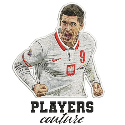 Robert Lewandowski Badge Men's Hoodie – white close-up detail shot of the Robert Lewandowski Players Couture logo design