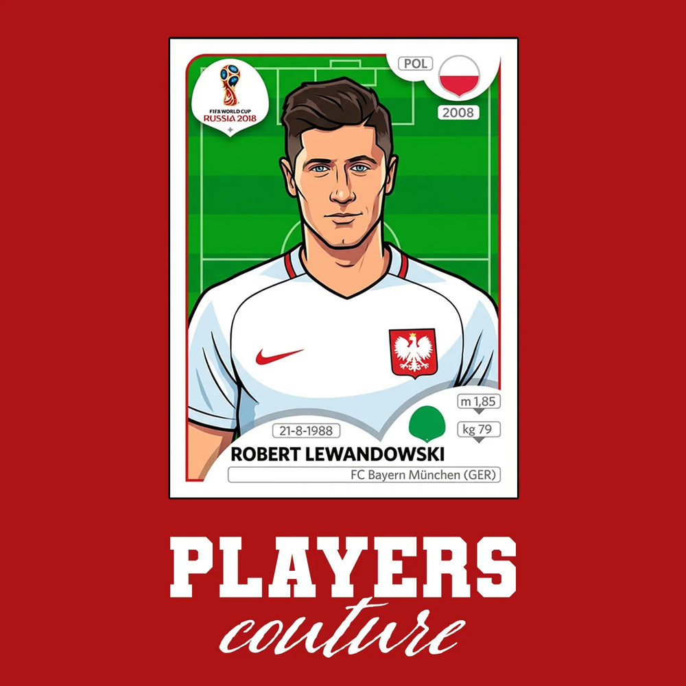 Robert Lewandowski World Cup Sticker Men's T-Shirt – red close-up detail shot of the Robert Lewandowski World Cup Players