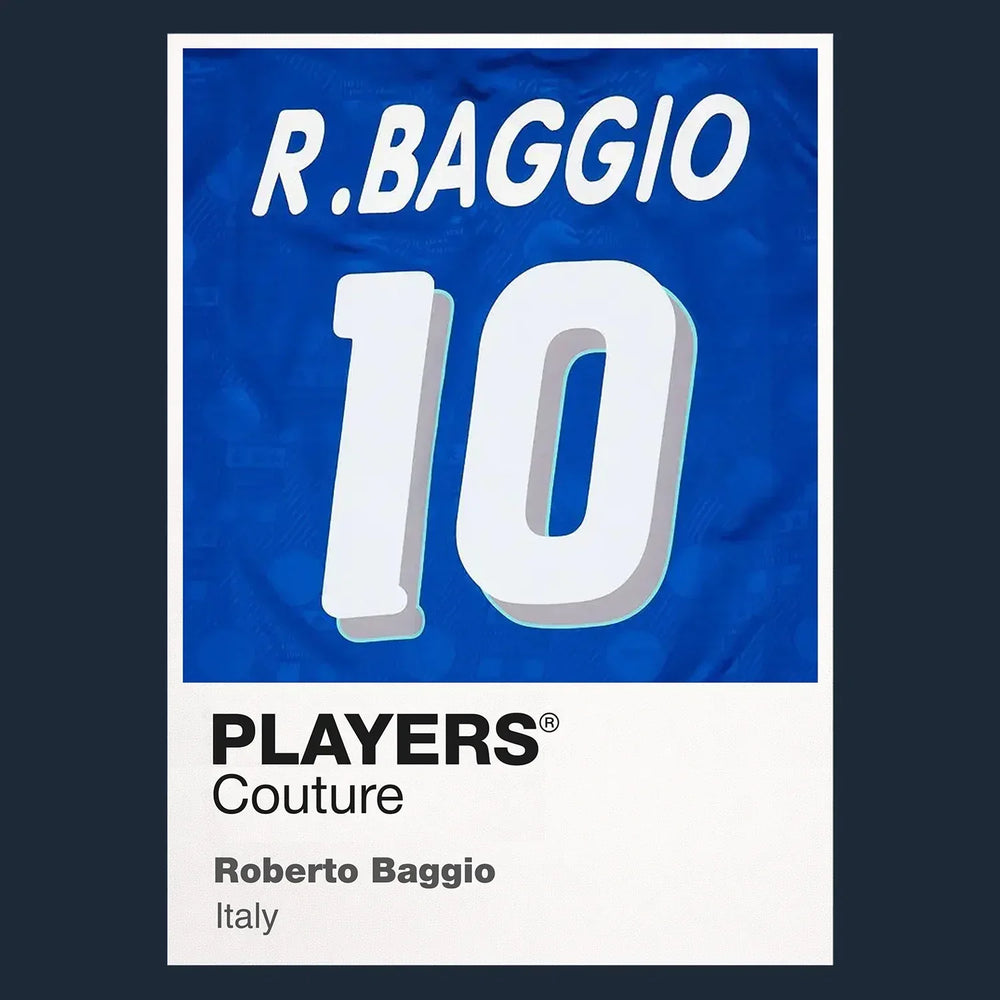 Roberto Baggio 10 Football Shirt Frame Men's Hoodie – navy close-up detail shot of the Roberto Baggio Players Couture logo