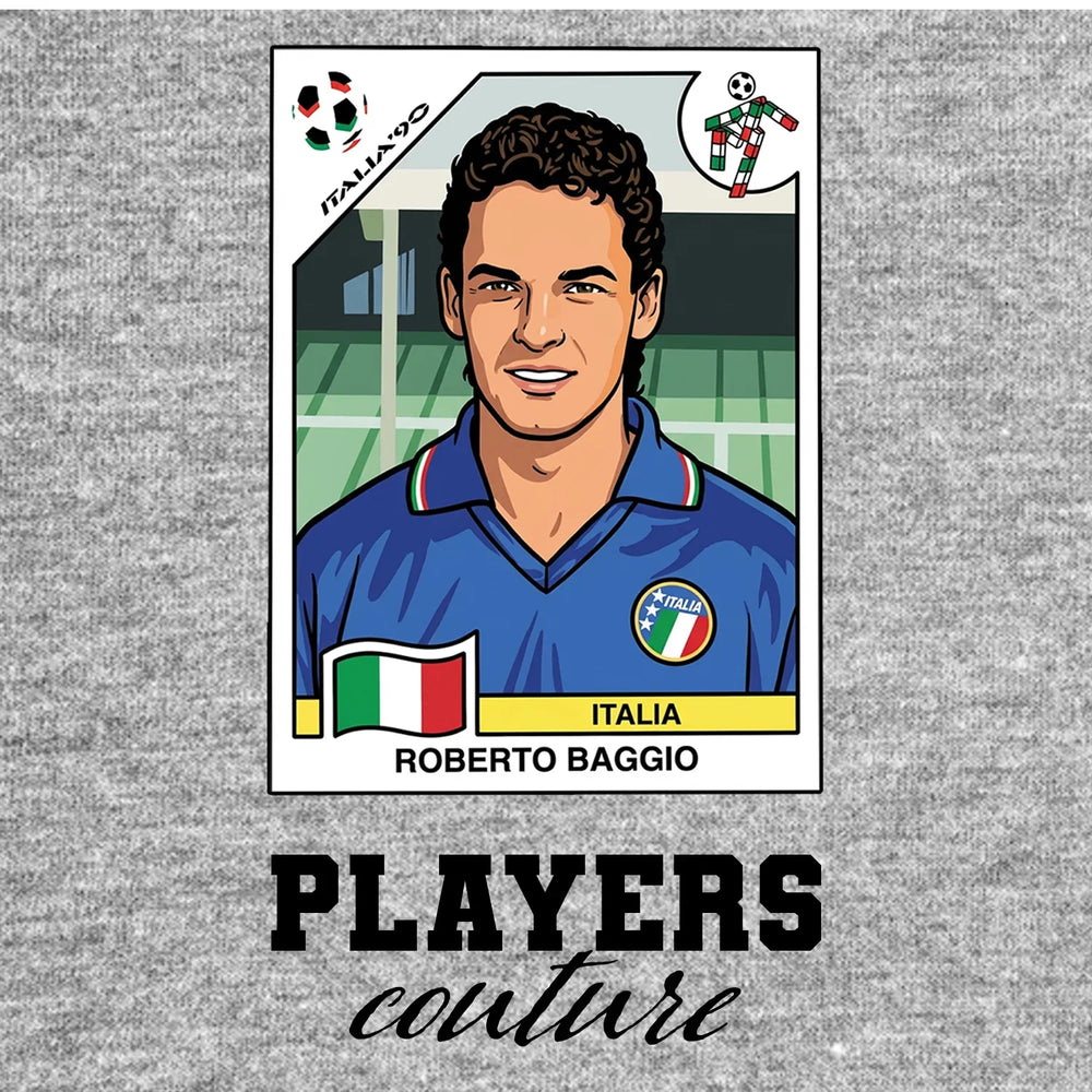 Roberto Baggio World Cup Sticker Men's T-Shirt – grey close-up detail shot of the Roberto Baggio World Cup Players Couture