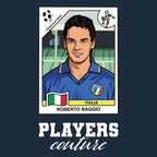 Roberto Baggio World Cup Sticker Men's T-Shirt – navy close-up detail shot of the Roberto Baggio World Cup Players Couture