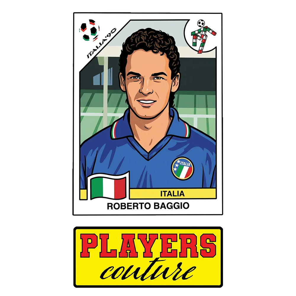 Roberto Baggio World Cup Sticker Men's T-Shirt – close-up detail shot of the Roberto Baggio World Cup Players Couture logo