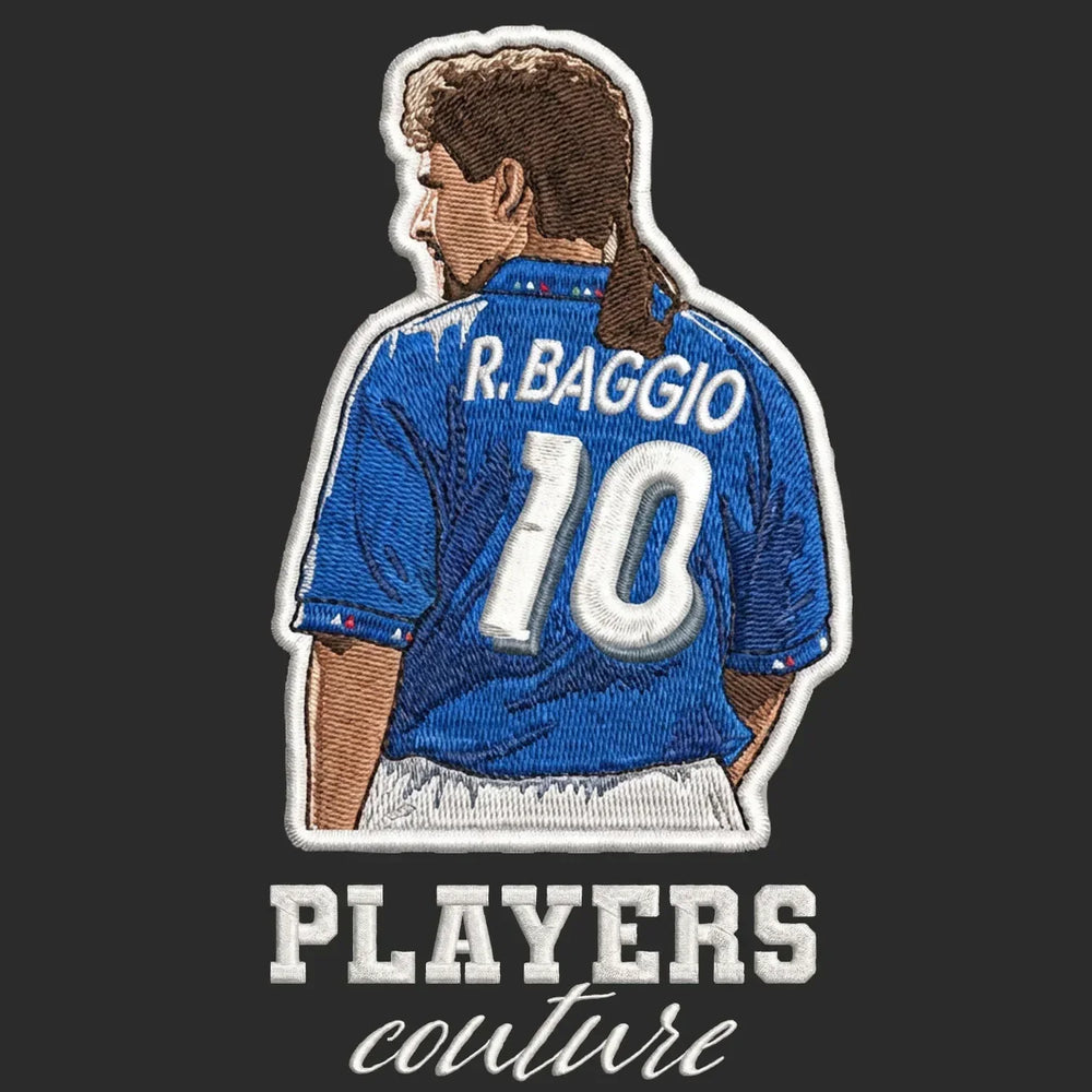 Roberto Baggio Badge Men's Hoodie – black close-up detail shot of the Roberto Baggio Players Couture logo design