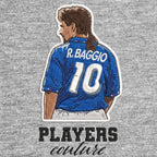 Roberto Baggio Badge Men's Hoodie – grey close-up detail shot of the Roberto Baggio Players Couture logo design