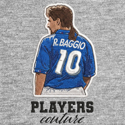 Roberto Baggio Badge Men's Hoodie – grey close-up detail shot of the Roberto Baggio Players Couture logo design