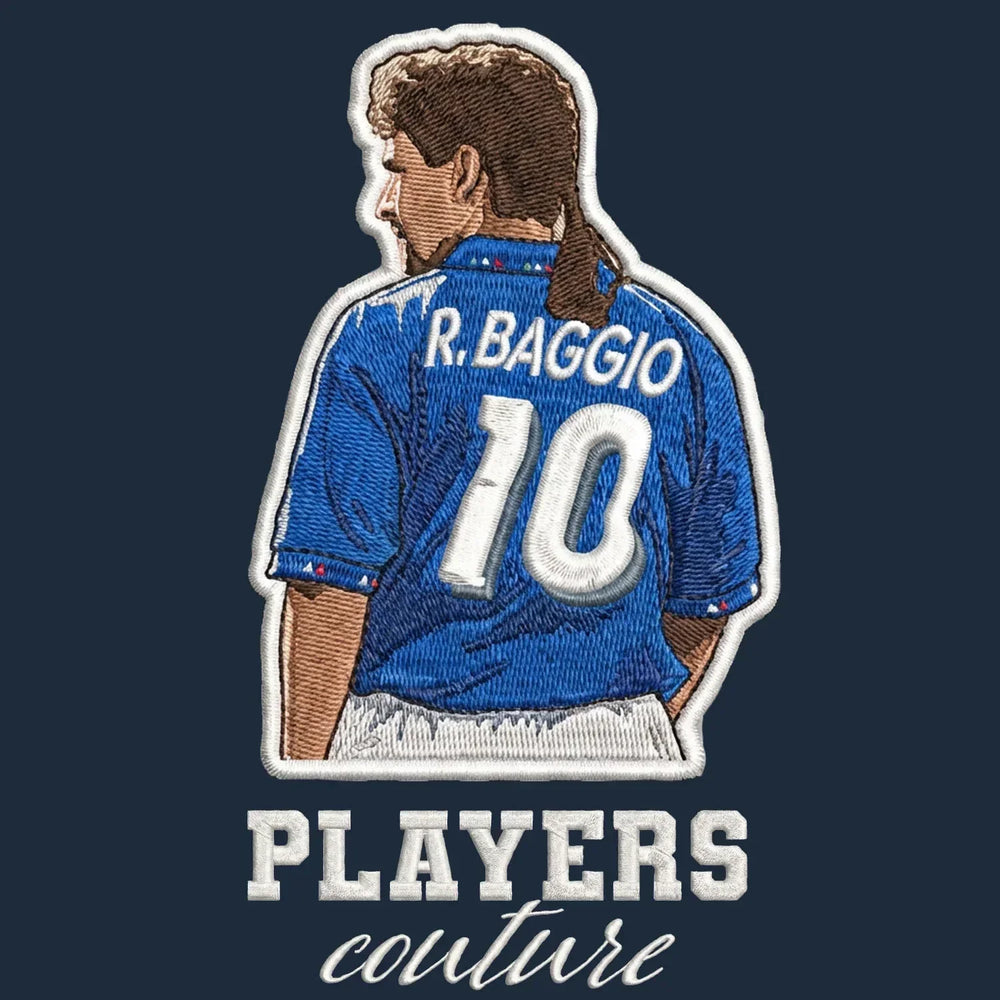 Roberto Baggio Badge Men's Hoodie – navy close-up detail shot of the Roberto Baggio Players Couture logo design