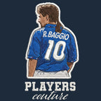 Roberto Baggio Badge Men's Hoodie – navy close-up detail shot of the Roberto Baggio Players Couture logo design
