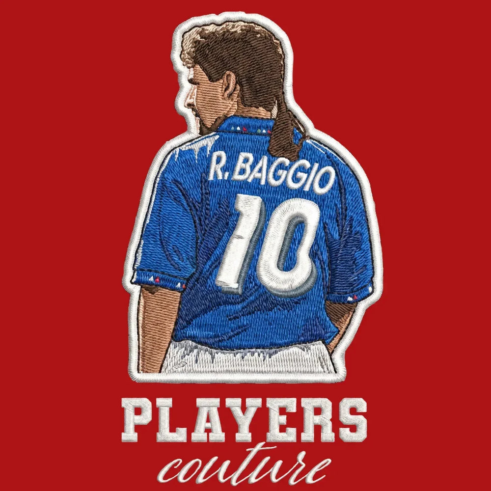 Roberto Baggio Badge Men's Hoodie – red close-up detail shot of the Roberto Baggio Players Couture logo design