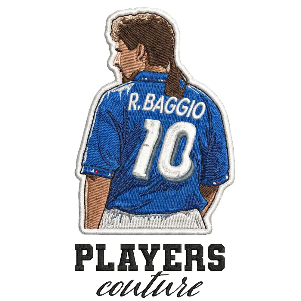 Roberto Baggio Badge Men's Hoodie – white close-up detail shot of the Roberto Baggio Players Couture logo design