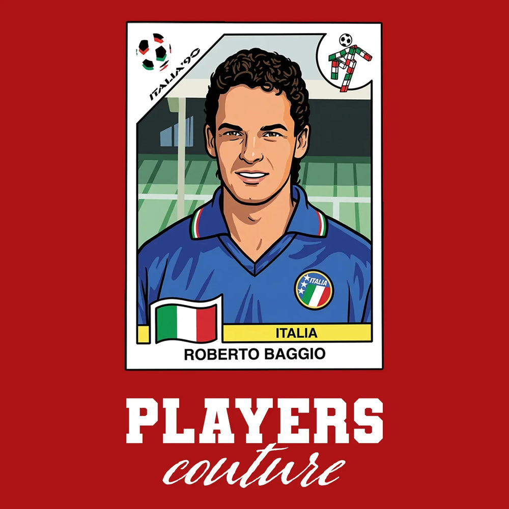 Roberto Baggio World Cup Sticker Men's T-Shirt – red close-up detail shot of the Roberto Baggio World Cup Players Couture
