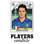 Roberto Baggio World Cup Sticker Men's T-Shirt – white close-up detail shot of the Roberto Baggio Players Couture logo design