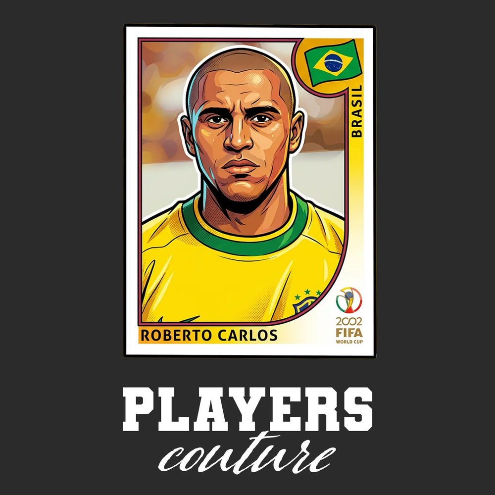 Roberto Carlos World Cup Sticker Men's T-Shirt – close-up detail shot of the Roberto Carlos World Cup Players Couture logo