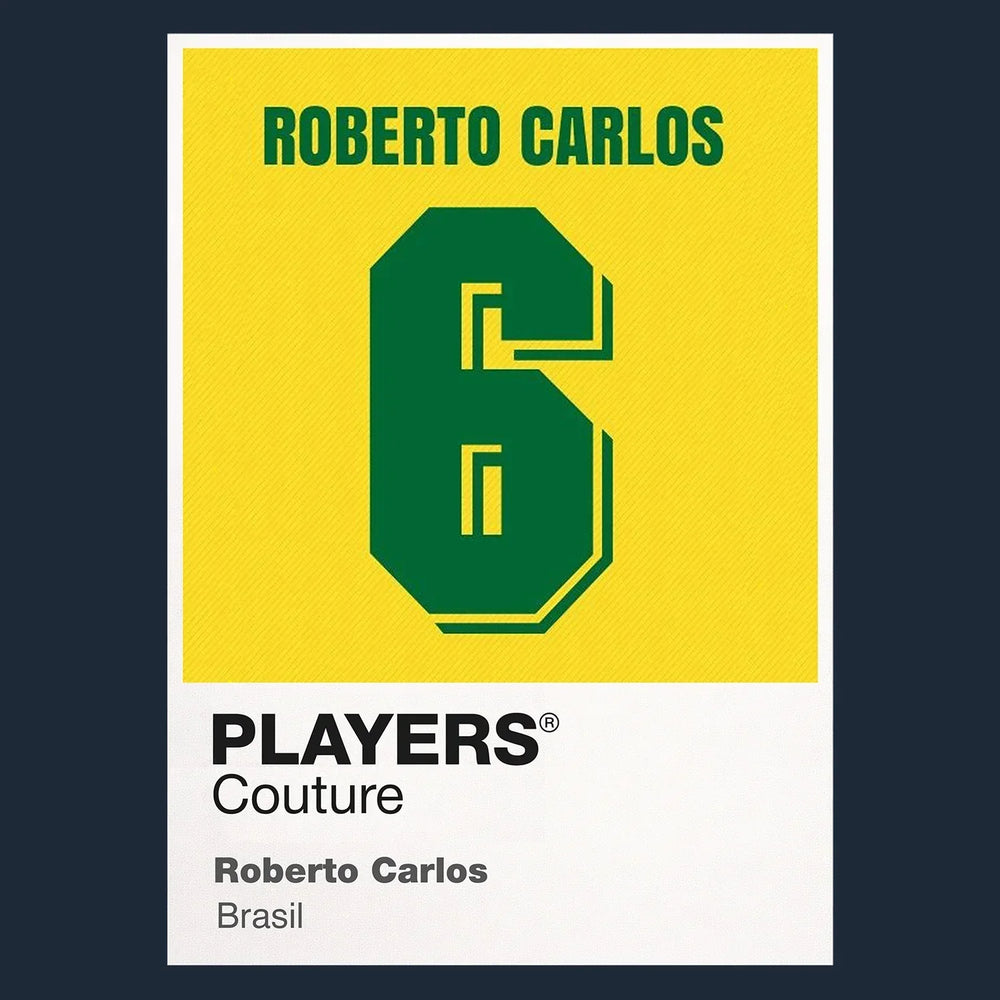 Roberto Carlos 6 Football Shirt Frame Men's Hoodie – navy close-up detail shot of the Roberto Carlos Players Couture logo