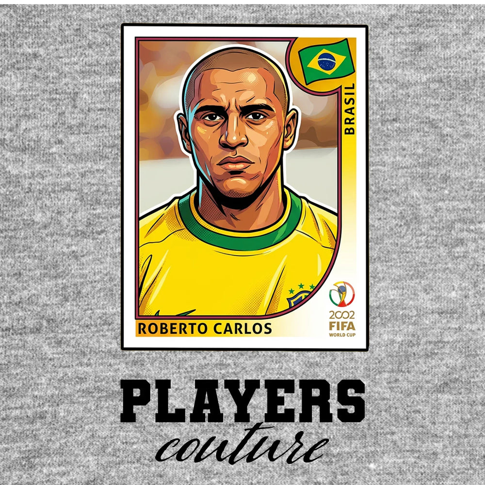 Roberto Carlos World Cup Sticker Men's T-Shirt – close-up detail shot of the Roberto Carlos World Cup Players Couture logo