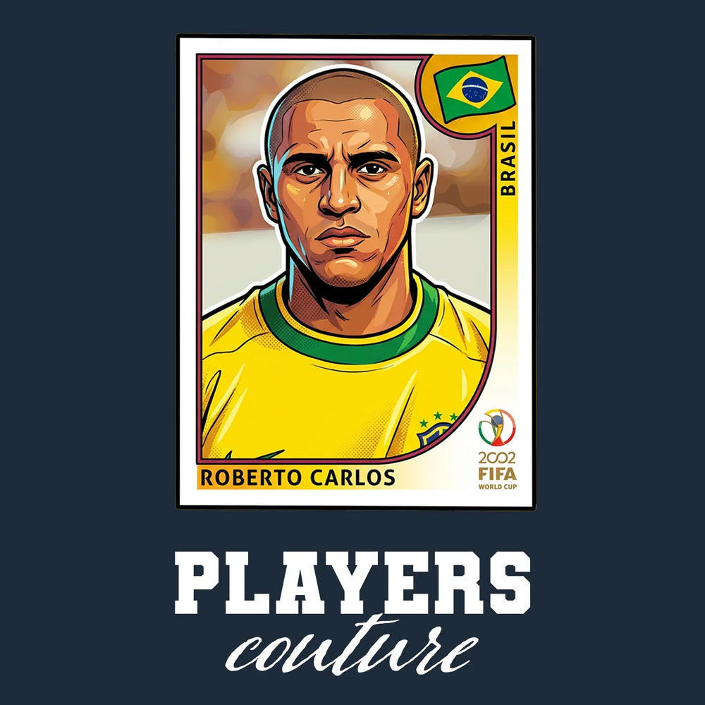 Roberto Carlos World Cup Sticker Men's T-Shirt – close-up detail shot of the Roberto Carlos World Cup Players Couture logo