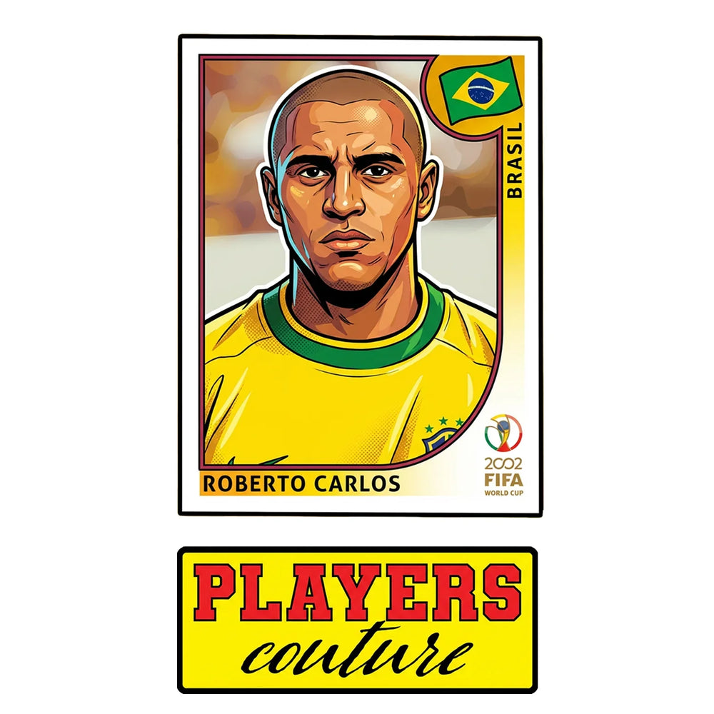 Roberto Carlos World Cup Sticker Men's T-Shirt – close-up detail shot of the Roberto Carlos World Cup Players Couture logo