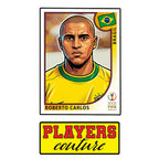 Roberto Carlos World Cup Sticker Men's T-Shirt – close-up detail shot of the Roberto Carlos World Cup Players Couture logo