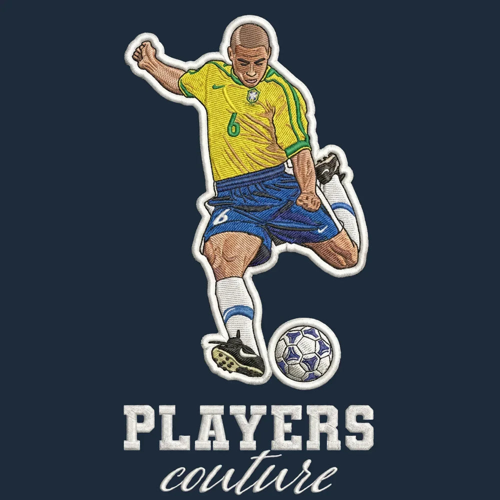 Roberto Carlos Badge Men's Hoodie – navy close-up detail shot of the Roberto Carlos Players Couture logo design