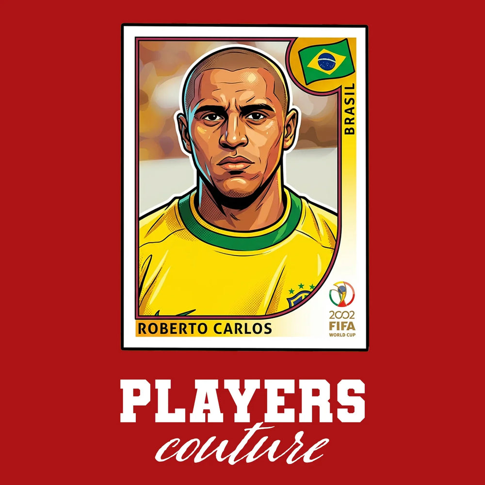 Roberto Carlos World Cup Sticker Men's T-Shirt – close-up detail shot of the Roberto Carlos World Cup Players Couture logo