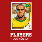 Roberto Carlos World Cup Sticker Men's T-Shirt – close-up detail shot of the Roberto Carlos World Cup Players Couture logo