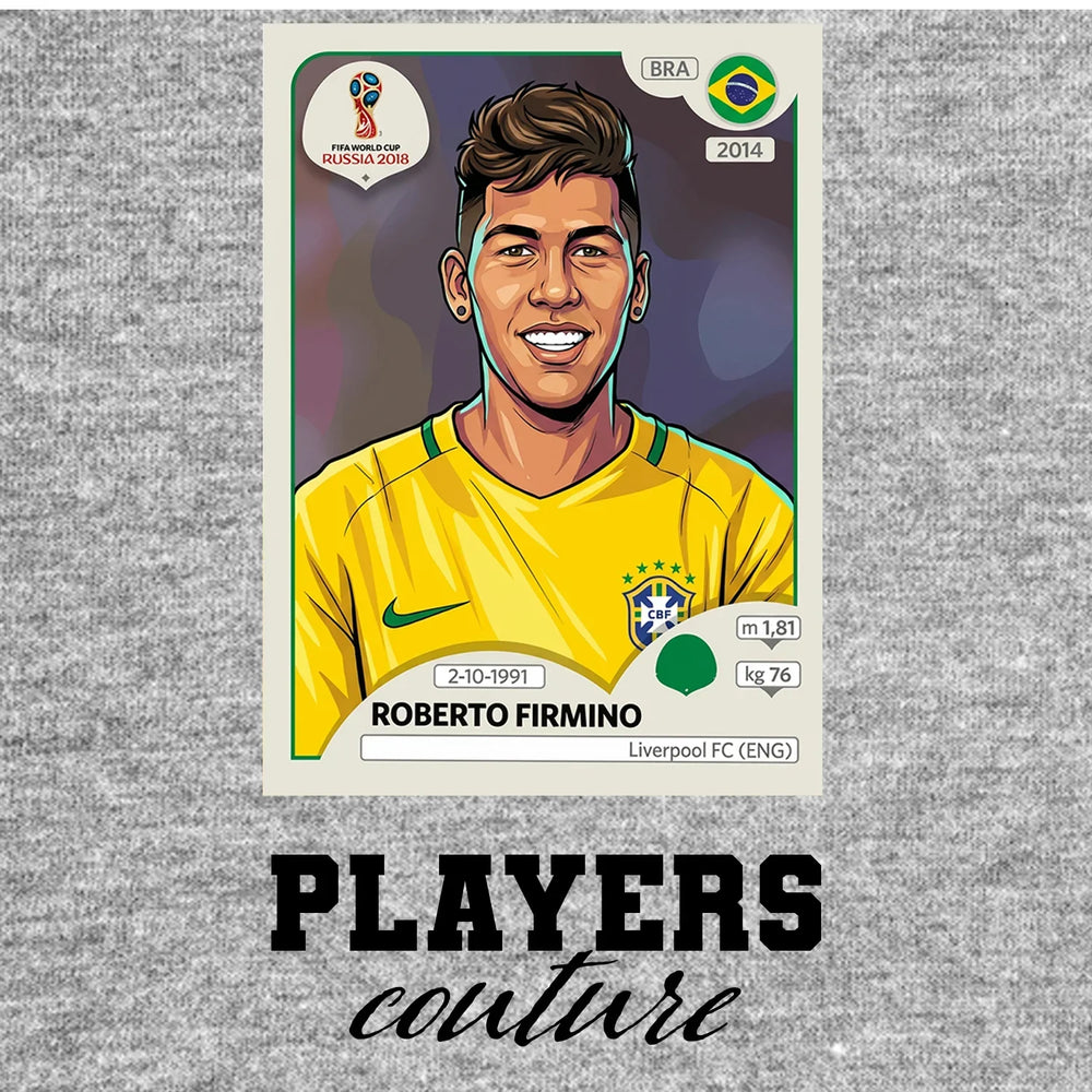 Roberto Firmino World Cup Sticker Men's T-Shirt – grey close-up detail shot of the Roberto Firmino World Cup Players Couture