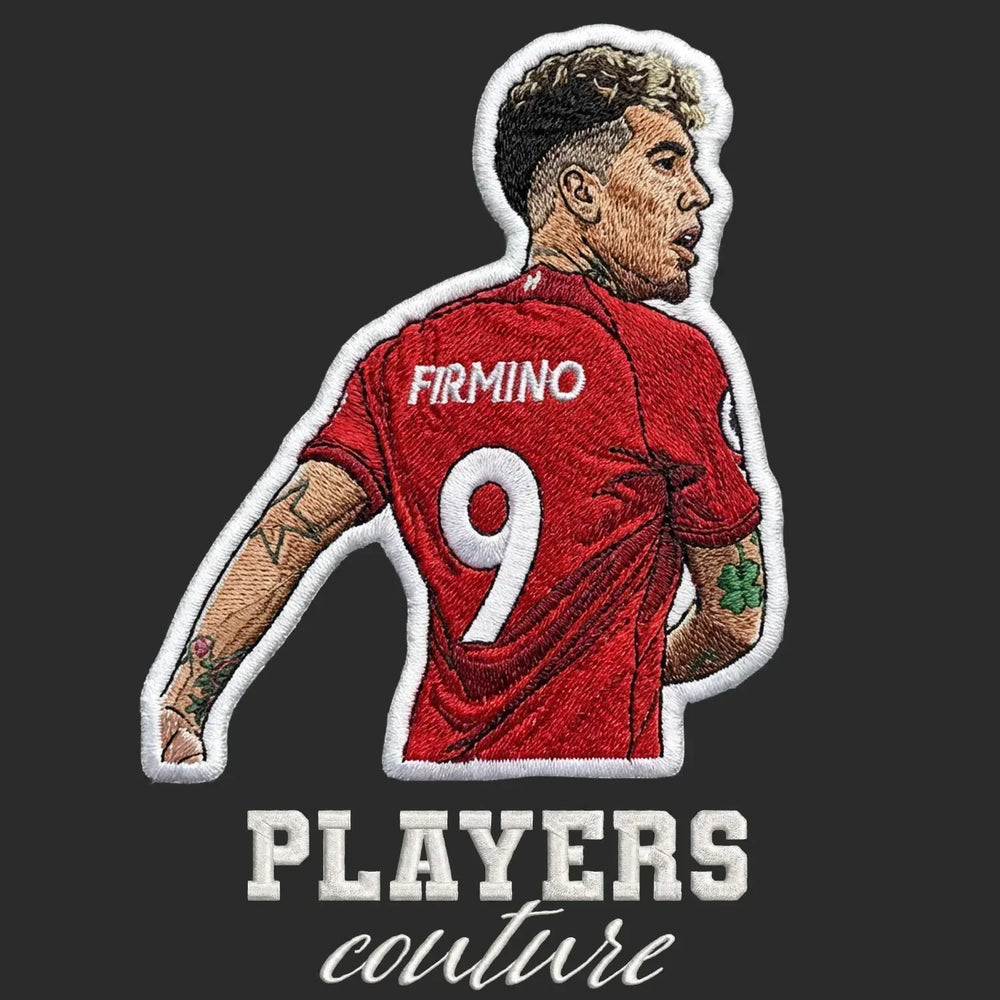Roberto Firmino Badge Men's Hoodie – black close-up detail shot of the Roberto Firmino Players Couture logo design