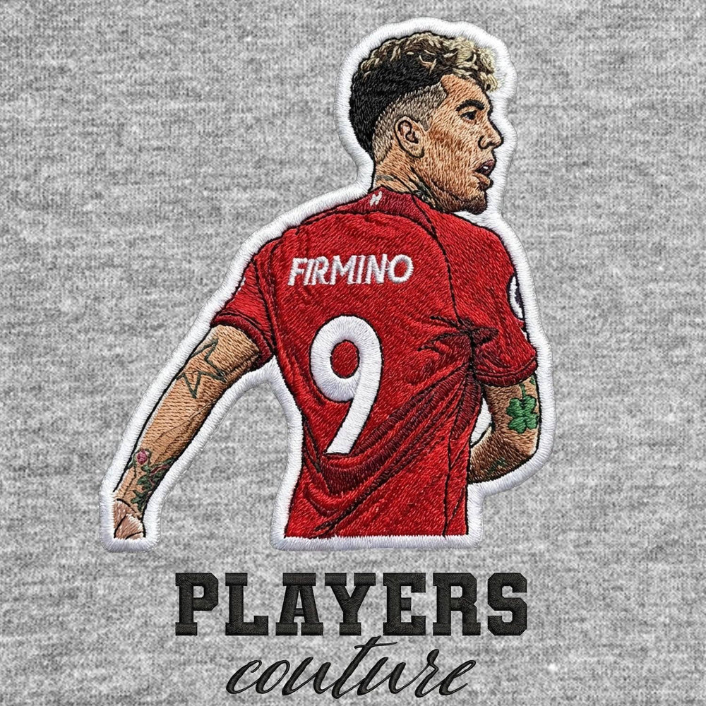 Roberto Firmino Badge Men's Hoodie – grey close-up detail shot of the Roberto Firmino Players Couture logo design