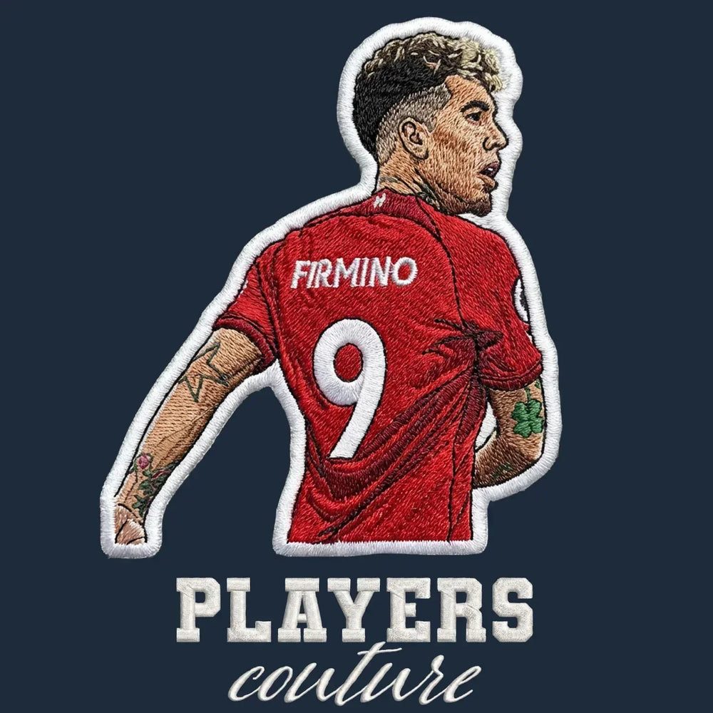 Roberto Firmino Badge Men's Hoodie – navy close-up detail shot of the Roberto Firmino Players Couture logo design