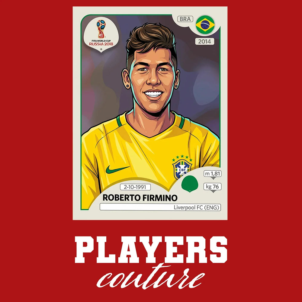 Roberto Firmino World Cup Sticker Men's T-Shirt – red close-up detail shot of the Roberto Firmino World Cup Players Couture