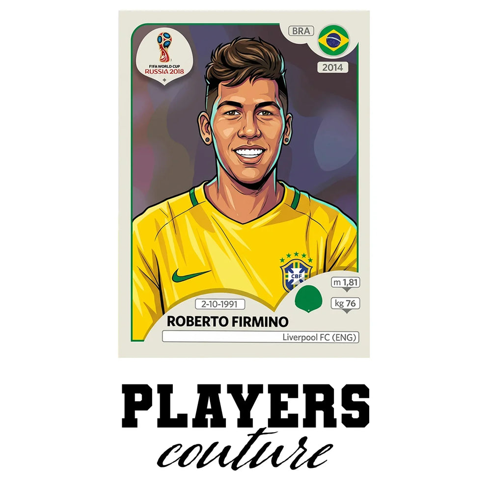 Roberto Firmino World Cup Sticker Men's T-Shirt – white close-up detail shot of the Roberto Firmino Players Couture logo