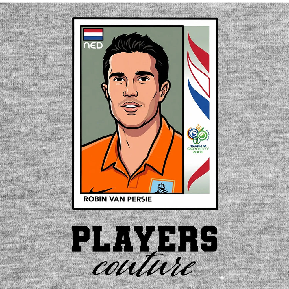 Robin Van Persie World Cup Sticker Men's T-Shirt – grey close-up detail shot of the Robin Van Persie World Cup Players