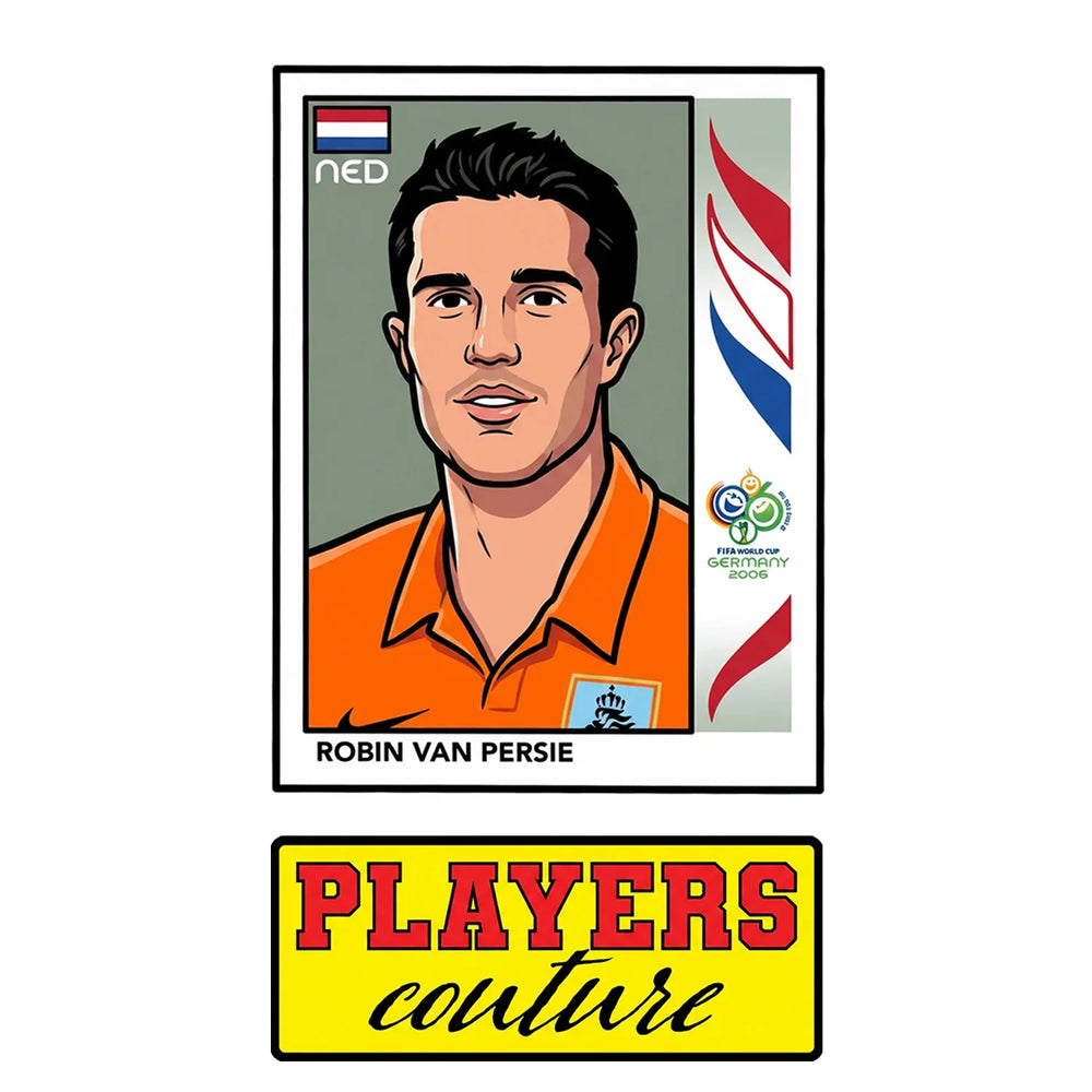 Robin Van Persie World Cup Sticker Men's T-Shirt – close-up detail shot of the Robin Van Persie World Cup Players Couture