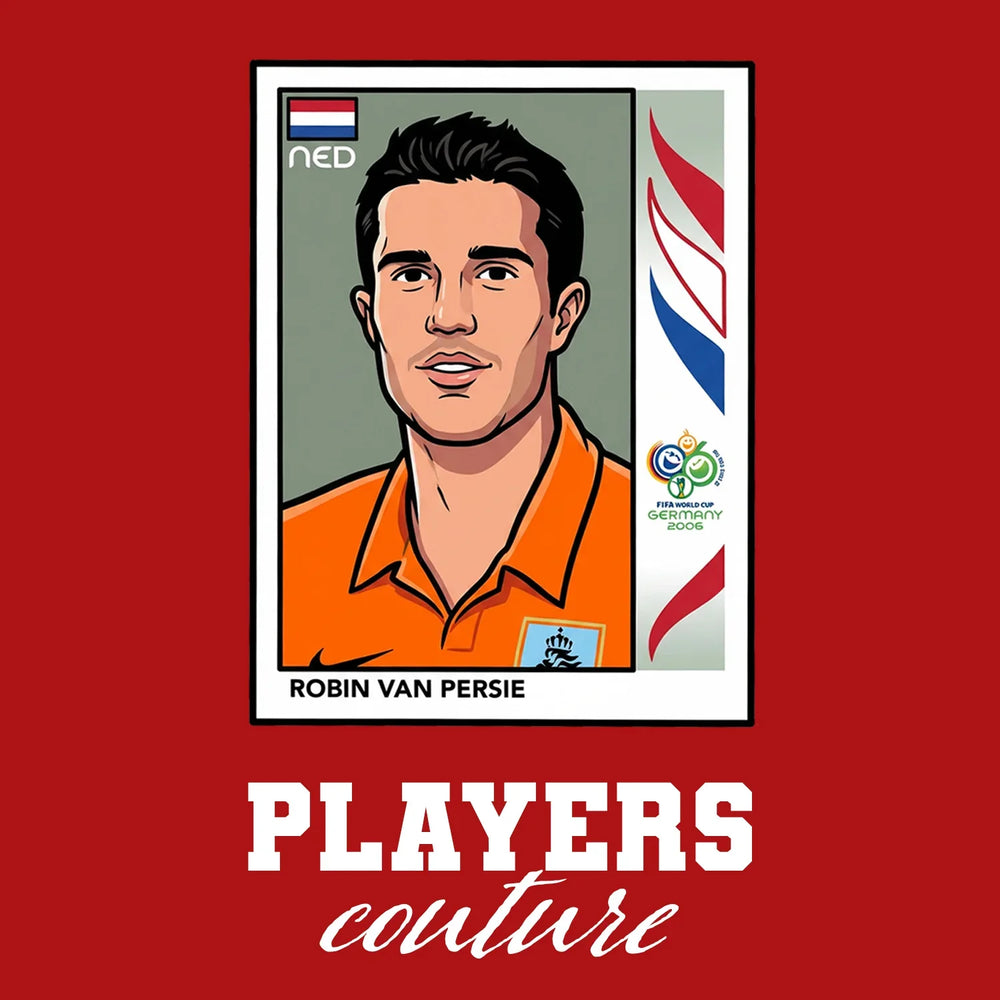 Robin Van Persie World Cup Sticker Men's T-Shirt – red close-up detail shot of the Robin Van Persie World Cup Players