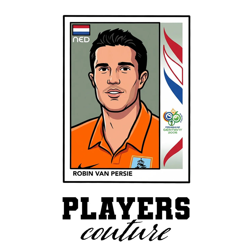 Robin Van Persie World Cup Sticker Men's T-Shirt – white close-up detail shot of the Robin Van Persie Players Couture logo