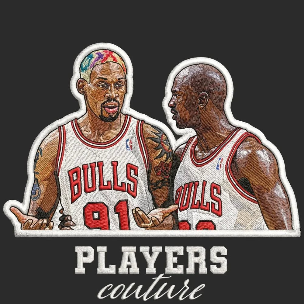 Rodman & Jordan Badge Men's Hoodie – black close-up detail shot of the Rodman & Jordan Players Couture logo design