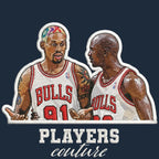 Rodman & Jordan Badge Men's Hoodie – navy close-up detail shot of the Rodman & Jordan Players Couture logo design