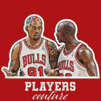 Rodman & Jordan Badge Men's Hoodie – red close-up detail shot of the Michael Jordan Players Couture logo design