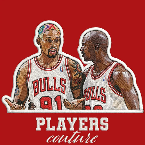 Rodman & Jordan Badge Men's Hoodie – red close-up detail shot of the Michael Jordan Players Couture logo design
