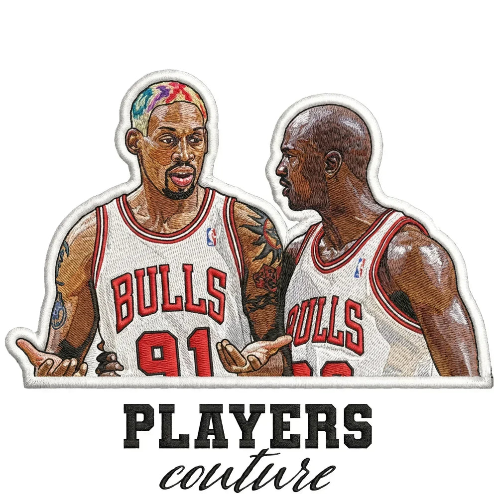 Rodman & Jordan Badge Men's Hoodie – white close-up detail shot of the Rodman & Jordan Players Couture logo design