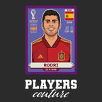 Rodri World Cup Sticker Men's T-Shirt – black close-up detail shot of the Rodri World Cup Players Couture logo design