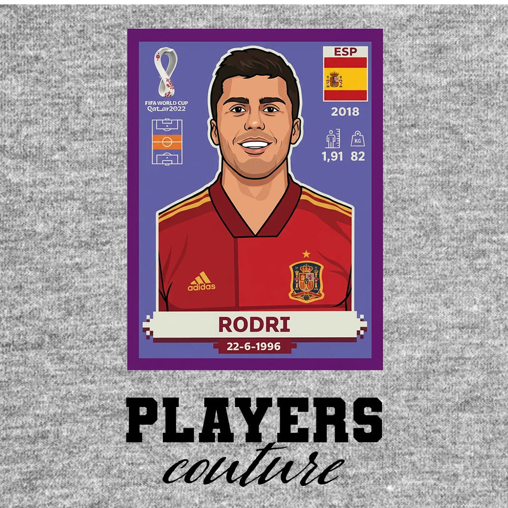 Rodri World Cup Sticker Men's T-Shirt – grey close-up detail shot of the Rodri World Cup Players Couture logo design
