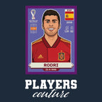 Rodri World Cup Sticker Men's T-Shirt – navy close-up detail shot of the Rodri World Cup Players Couture logo design