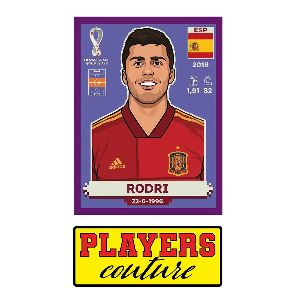 Rodri World Cup Sticker Men's T-Shirt – close-up detail shot of the Rodri World Cup Players Couture logo design
