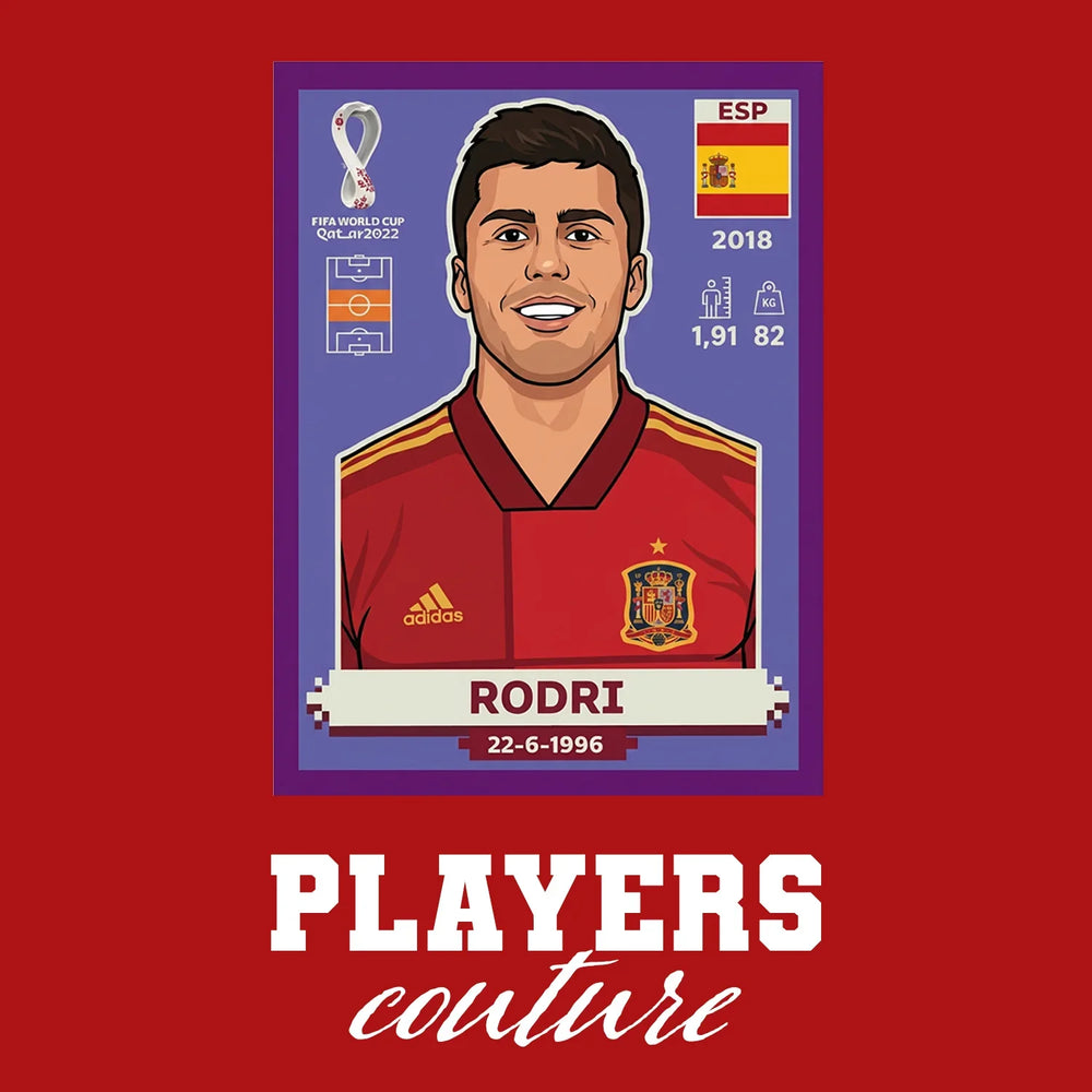 Rodri World Cup Sticker Men's T-Shirt – red close-up detail shot of the Rodri World Cup Players Couture logo design