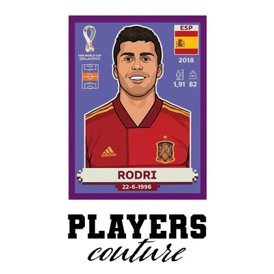 Rodri World Cup Sticker Men's T-Shirt – white close-up detail shot of the Rodri Players Couture logo design