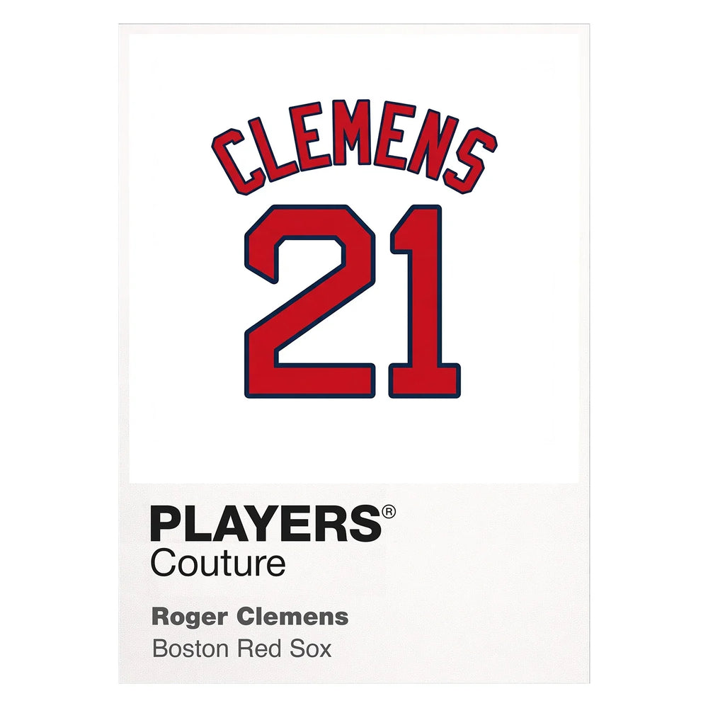 Roger Clemens 21 Red Sox Jersey Frame Men's T-Shirt – white close-up detail shot of the Roger Clemens Players Couture logo
