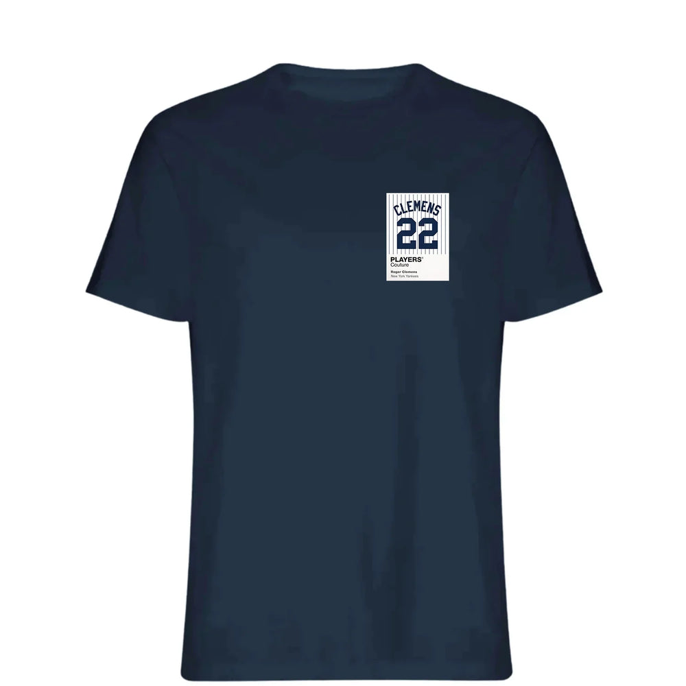 Roger Clemens 22 Yankees t-shirt – navy men's t-shirt featuring the Roger Clemens 22 Yankees Players Couture logo