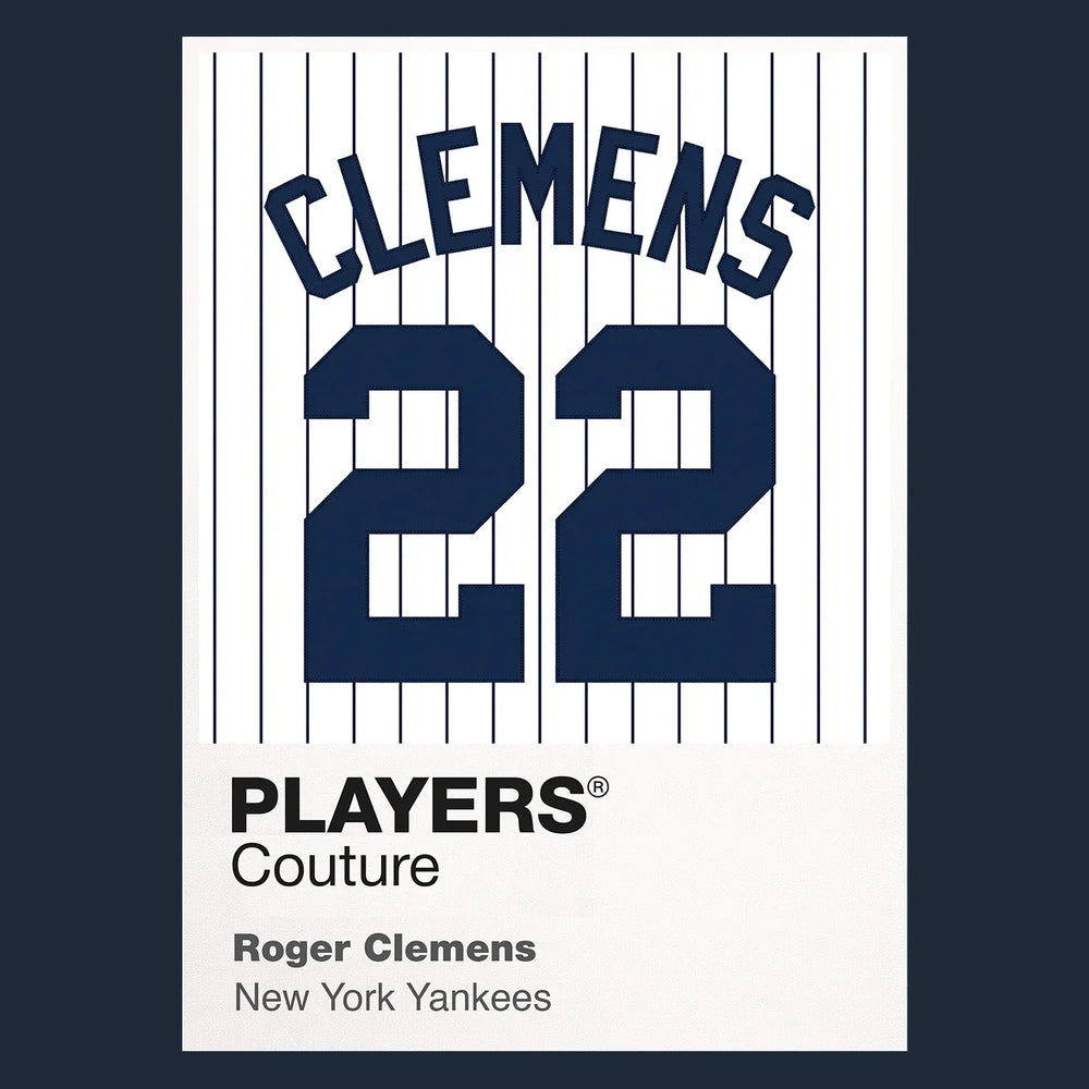 Roger Clemens 22 Yankees Jersey Frame Men's T-Shirt – navy close-up detail shot of the Roger Clemens 22 Yankees Players