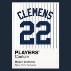 Roger Clemens 22 Yankees Jersey Frame Men's T-Shirt – navy close-up detail shot of the Roger Clemens 22 Yankees Players