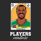 Roger Milla World Cup Sticker Men's T-Shirt – black close-up detail shot of the Roger Milla World Cup Players Couture logo